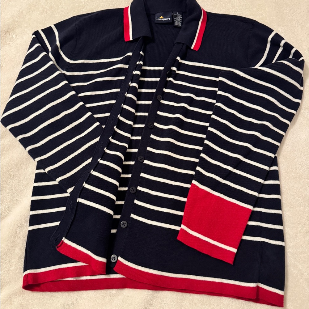 Liz Claiborne Navy and Red Striped Cardigan VINTAGE 100% cotton